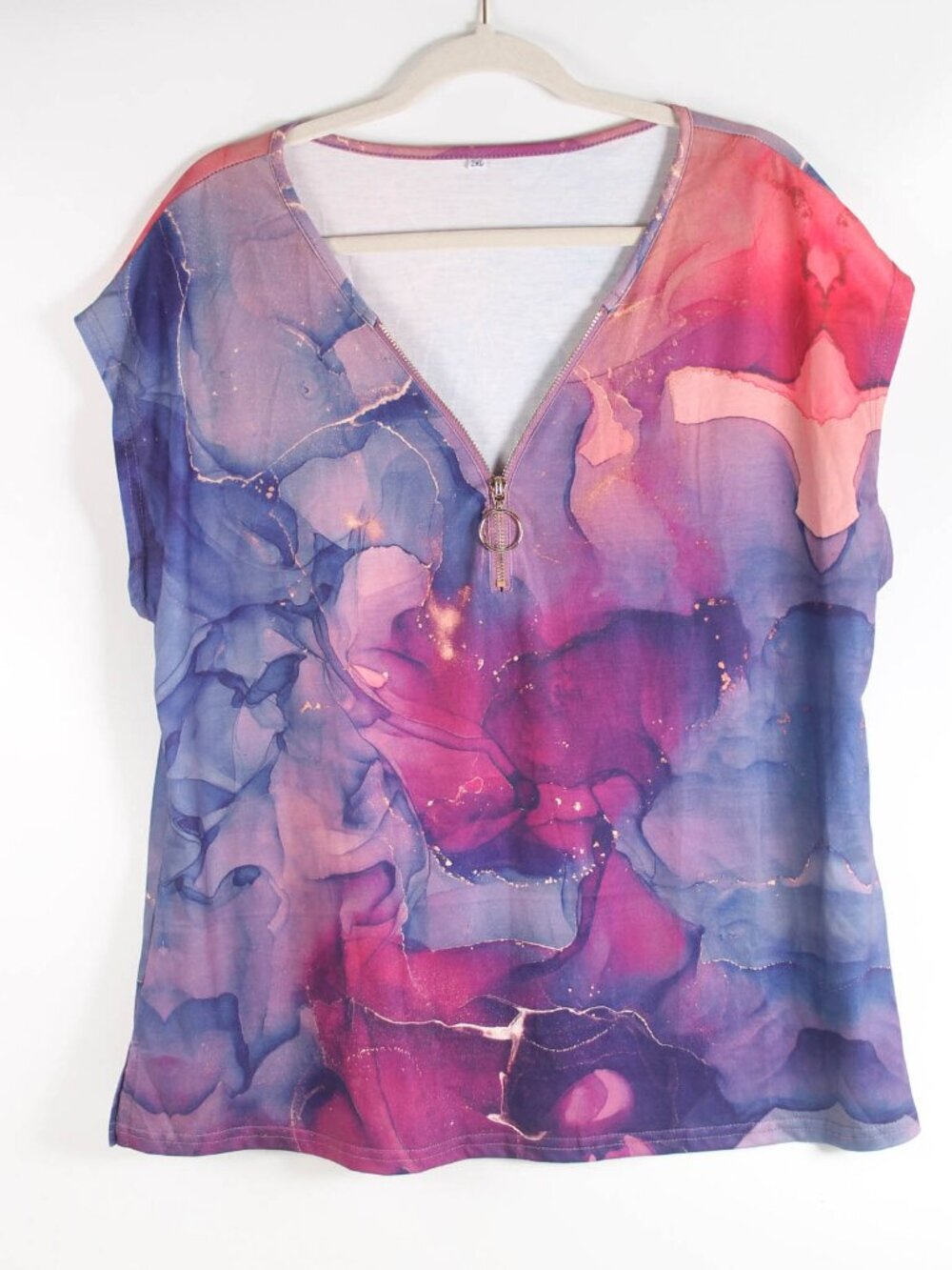 Abstract Marble Print V-Neck Top 2XL Pink Purple Gold Zip Blouse Soft Stretch Te